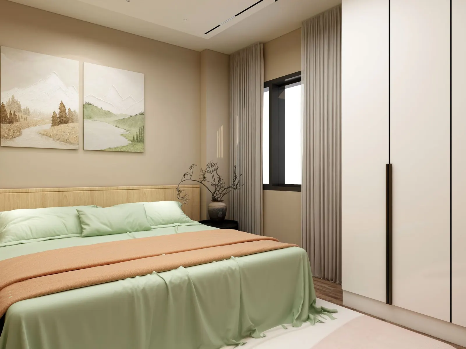 Elegant minimalist bedroom with soft green bedding, art, and natural light.