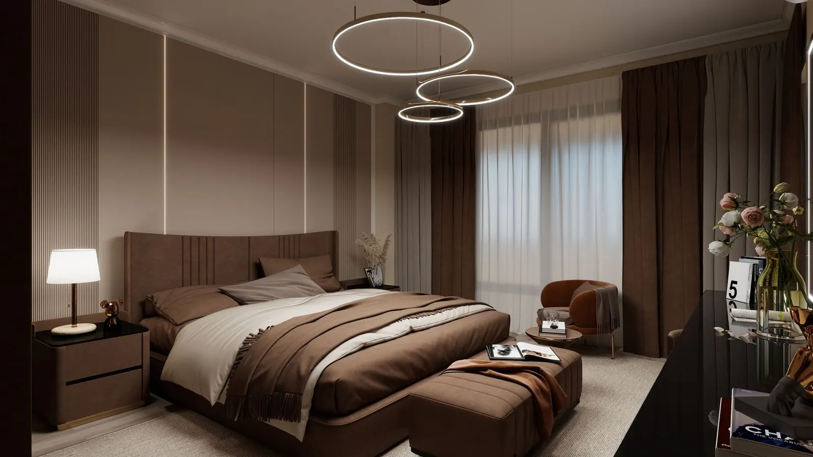 Luxurious bedroom with modern lighting, soft textures, and brown tones for a cozy feel.