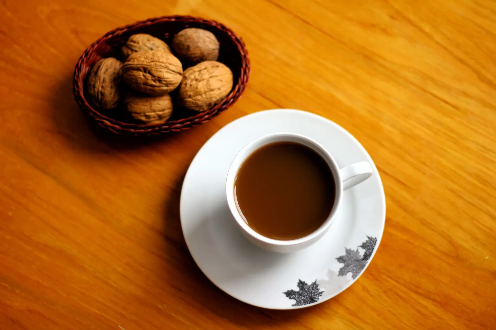 A serene setup with a cup of coffee and walnuts in a basket on a wooden table.