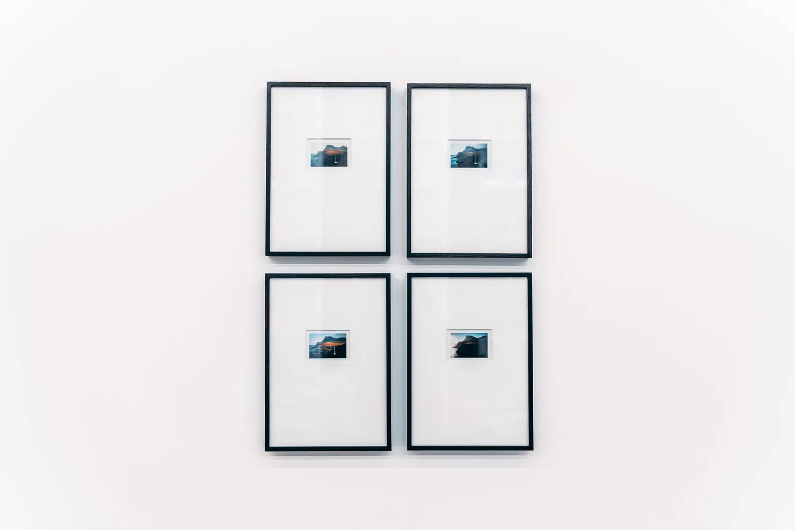 Grid of matching black picture frames with botanical prints above a sofa