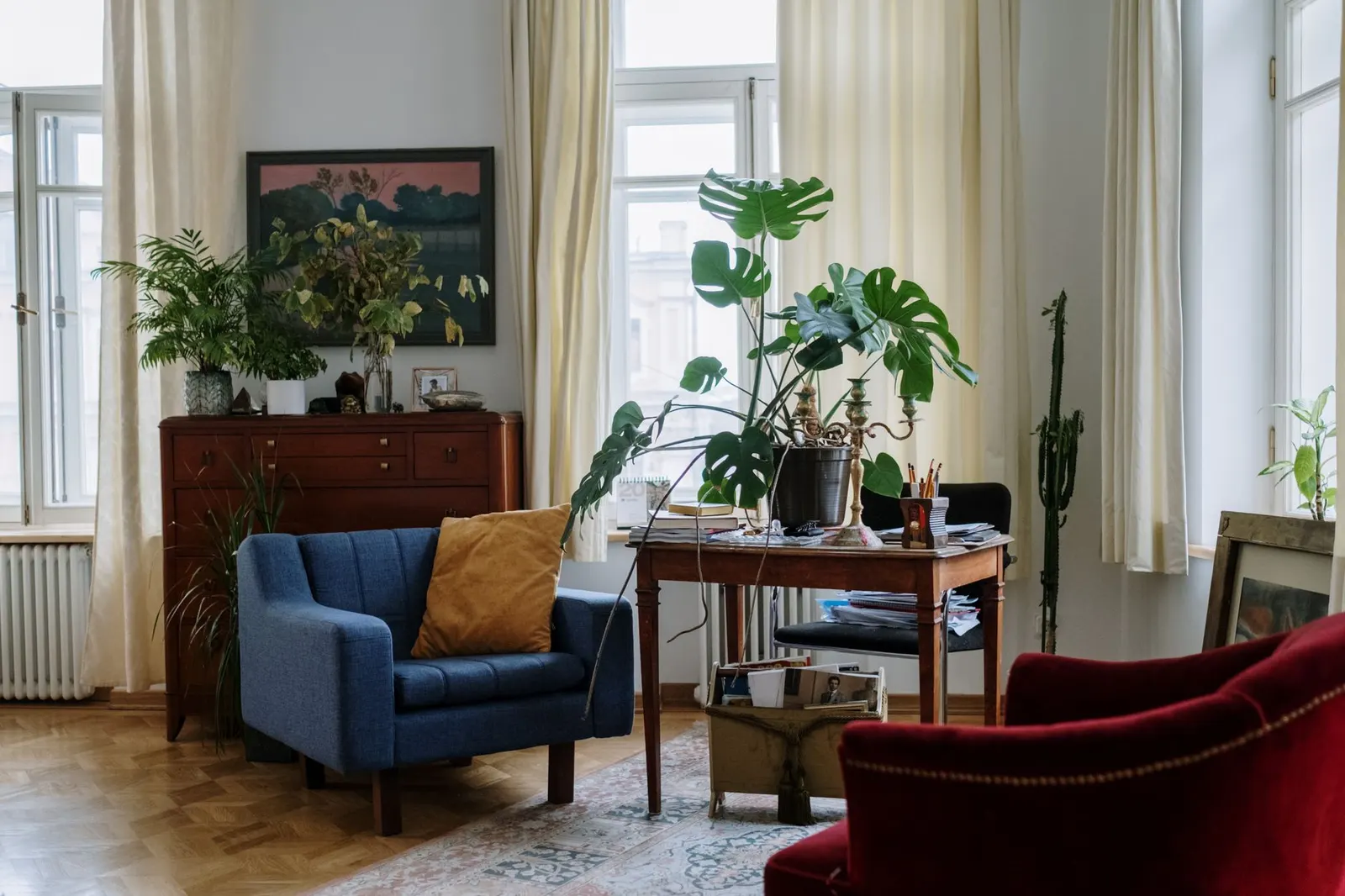 A cozy living room featuring indoor plants, vintage furniture, and natural light.