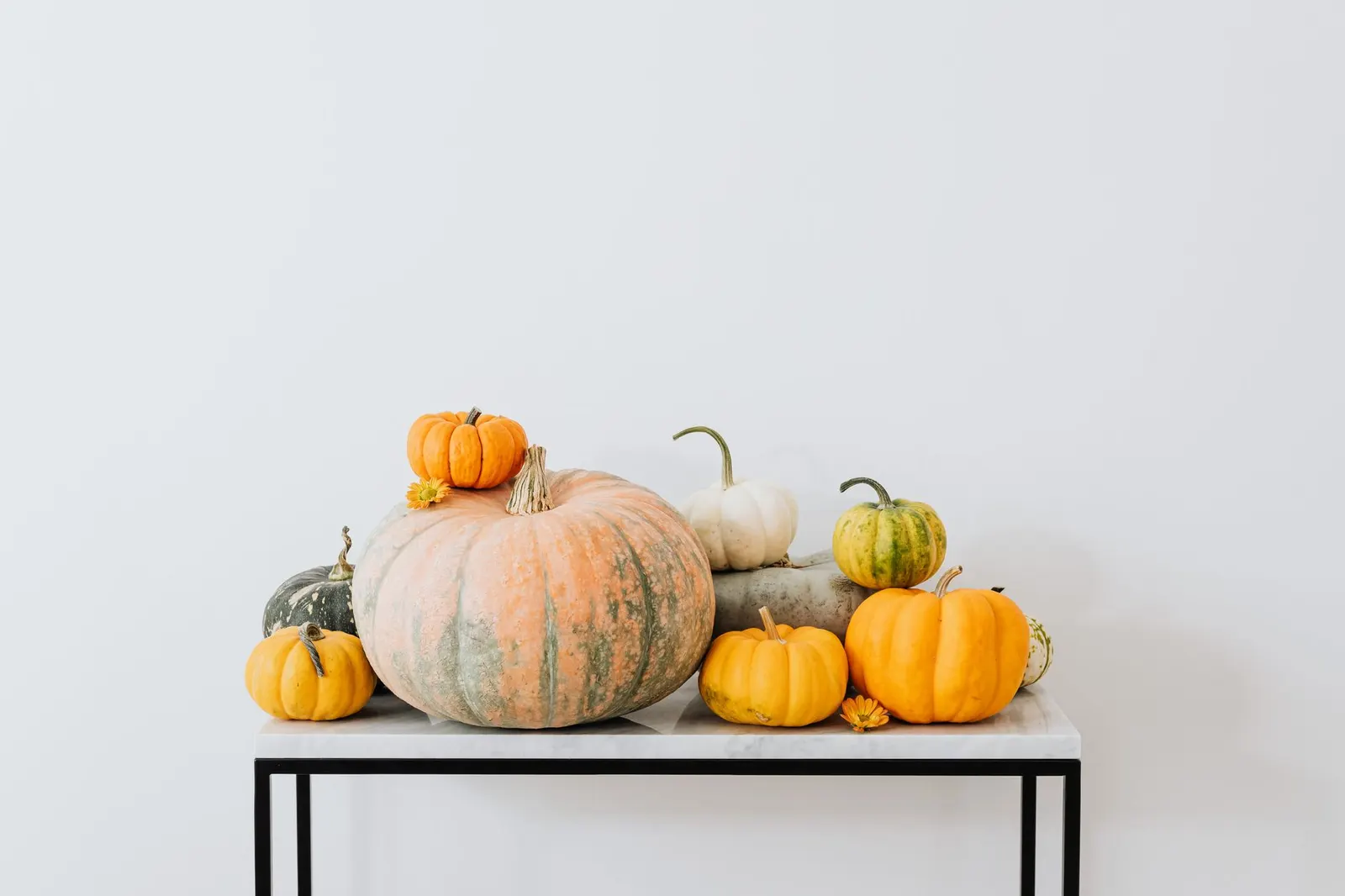 Small orange pumpkins and a large pale pumpkin on a slim black console table against a white wall